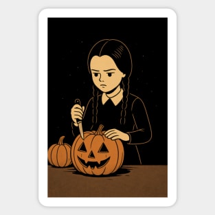 Wednesday Addams Carving Pumpkins for Halloween Sticker